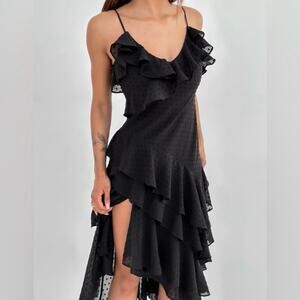 NEW Rumored Dot Ruffle Tiered Cha Cha Midi Dress in Black Women's XS $128